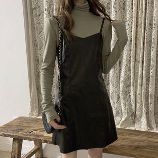 Long-sleeve Turtle-neck T-shirt / Spaghetti Strap Mini A-line Dress