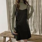 Long-sleeve Turtle-neck T-shirt / Spaghetti Strap Mini A-line Dress