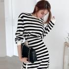 Long-sleeve Striped Knit Midi A-line Dress