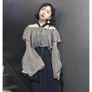 Gingham Open Shoulder Long-sleeve Top