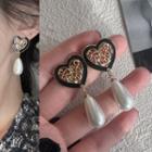 Heart Rhinestone Faux Pearl Drop Earring 1631a - 1 Pair - Black & White & Gold - One Size
