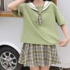 Sailor Collar Short-sleeve T-shirt / Plaid Mini A-line Skirt / Set