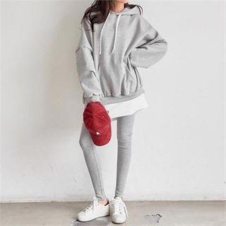 Set: Hooded Layered-hem Pullover + Printed Leggings