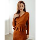 Set: Wrap-front Ruffle-hem Knit Top + Band-waist Pleated Skirt