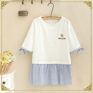 Elbow-sleeve Embroidered Striped Panel T-shirt White - One Size