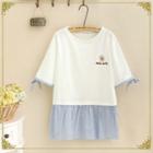 Elbow-sleeve Embroidered Striped Panel T-shirt White - One Size