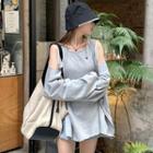 Cold Shoulder Long Sleeve Slit T-shirt