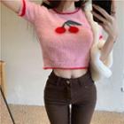 Short-sleeve Cherry Knit Top Cherry - Pink - One Size
