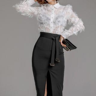 Set: Fringed Lace Shirt + Belted Slit Pencil Skirt