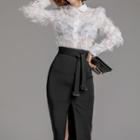Set: Fringed Lace Shirt + Belted Slit Pencil Skirt