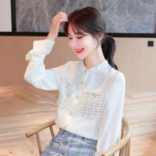Long-sleeve Plaid Panel Chiffon Shirt