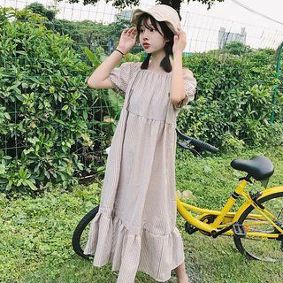 Short-sleeve Open Shoulder Gingham Mermaid Dress