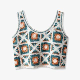 Color Block Crochet Crop Tank Top Almond & Aqua Green & Coffee - One Size