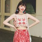 Knit Crop Tank Top Red Print - Beige - One Size