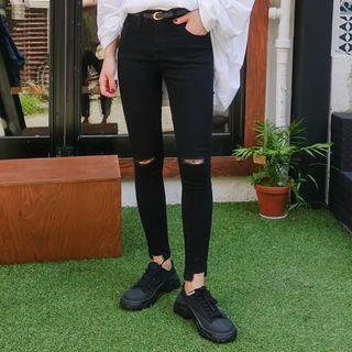 Slit-knit Black Skinny Jeans With Belt