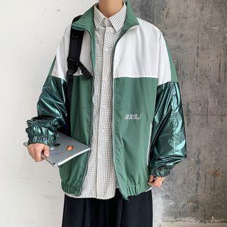 Mock-neck Two Tone Letter Zip Oversize Jacket