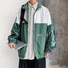 Mock-neck Two Tone Letter Zip Oversize Jacket