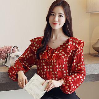 Dotted Ruffle Long-sleeve Blouse