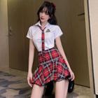 Set: Short-sleeve Badge Embroidered Crop Shirt + Plaid Pleated A-line Skirt + Neck Tie