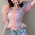 Puff-sleeve Mesh Crop Top Pink & Purple & Blue - One Size