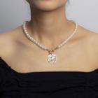 Alloy Disc Pendant Faux Pearl Necklace