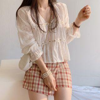 Floral Embroidered Blouse / Plaid A-line Skirt