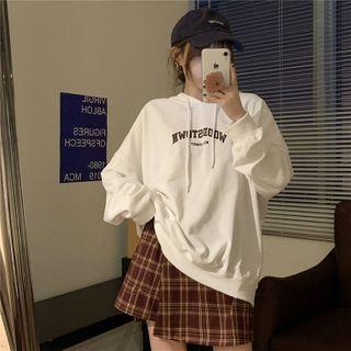 Letter Print Hoodie + Asymmetric Plaid Mini Skirt