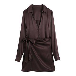 Plain V-neck Long Sleeve Tie-side Mini Shirt Dress