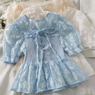 Tie-neckline Smocked Peplum Top