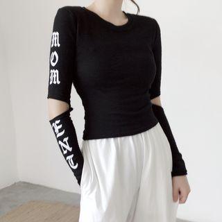 Lettering Print Cutout Sleeve Cropped Slim-fit Top