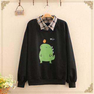 Inset Gingham Shirt Dinosaur Print Sweatshirt