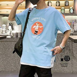 Mock Two-piece Elbow-sleeve Cartoon Printed T-shirt