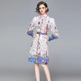 Long-sleeve Floral Midi A-line Shirtdress