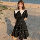 Short-sleeve Contrast Collar Floral Single-breasted Mini A-line Dress