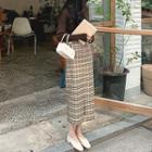 Ribbed Knit Top / Plaid Straight Fit Midi Skirt