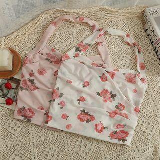 Rose-print Mesh Halter Top