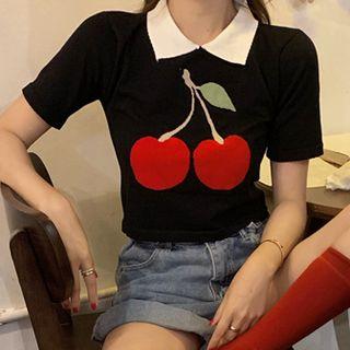 Short-sleeve Cherry Print Knit Top Black - One Size