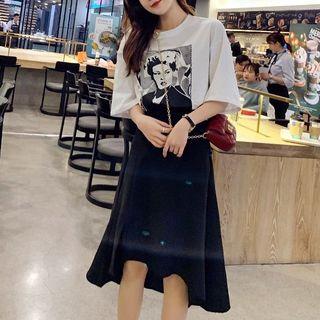 Set: Elbow-sleeve Print T-shirt + Slit A-line Skirt