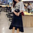 Set: Elbow-sleeve Print T-shirt + Slit A-line Skirt