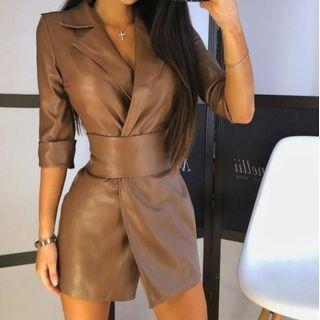 Elbow-sleeve Belted Faux Leather Mini Blazer Dress