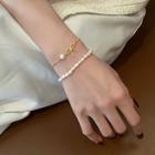 Set: Bow Freshwater Pearl Alloy Bracelet + Freshwater Pearl Bracelet Set Of 2 - Gold & White - One Size