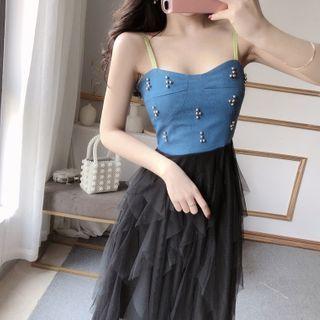 Studded Spaghetti-strap Midi A-line Mesh Dress