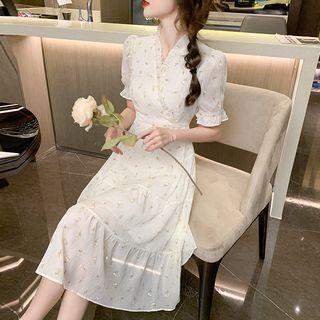 Short Sleeve V-neck Frill Trim Floral Tiered Midi Smock Dress