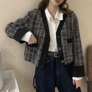 Retro Panel Cropped Long-sleeve Jacket Flower Black - One Size