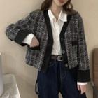 Retro Panel Cropped Long-sleeve Jacket Flower Black - One Size