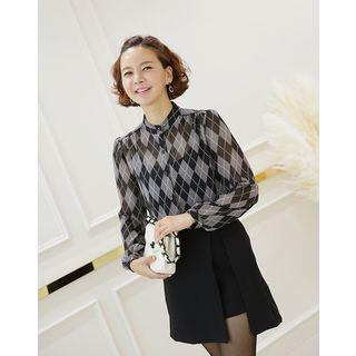 Mandarin-collar Argyle Pattern Long-sleeve Chiffon Blouse