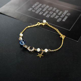 Crescent & Star Bracelet White & Blue Beaded - Gold - One Size
