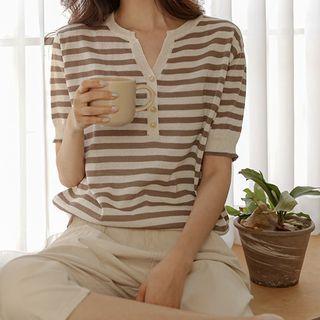 Notch-neck Stripe Knit Henley