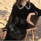 Puff-sleeve Mesh Trim Double-breasted Midi A-line Dress