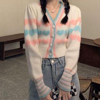 Heart Pattern Long-sleeve Knit Jacket As Shown In Figure - One Size
